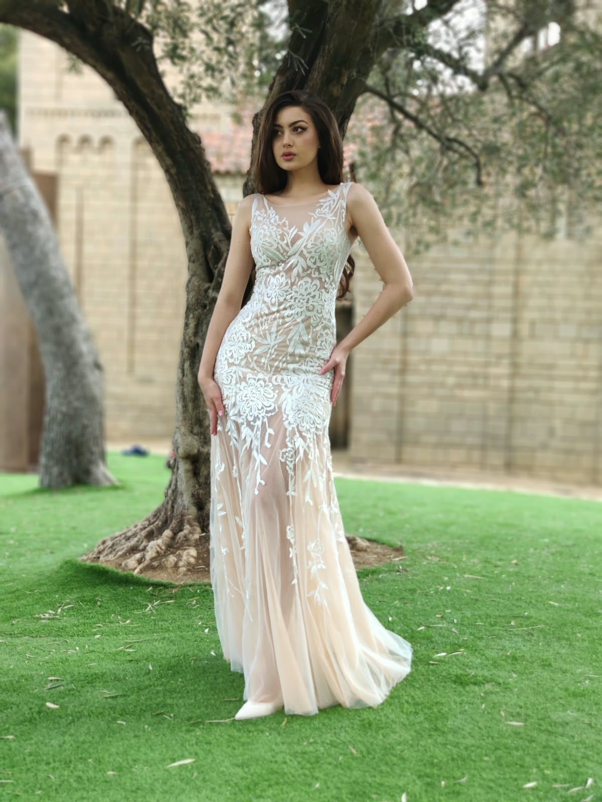 Lace mermaid wedding dress over blush tulle, sheer back and tulle overskirt — Oksana Dorenska
