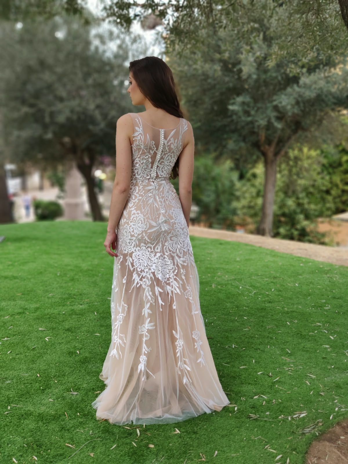 Lace mermaid wedding dress over blush tulle, sheer back and tulle overskirt — Oksana Dorenska