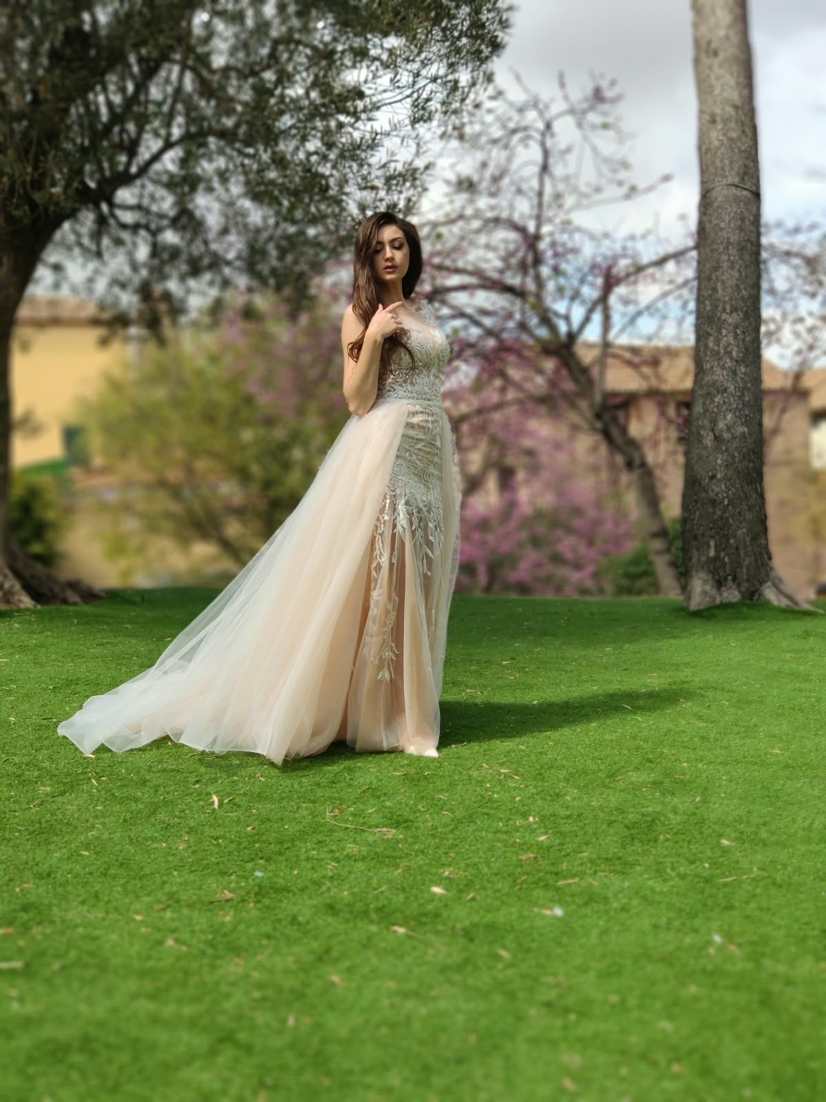 Lace mermaid wedding dress over blush tulle, sheer back and tulle overskirt — Oksana Dorenska