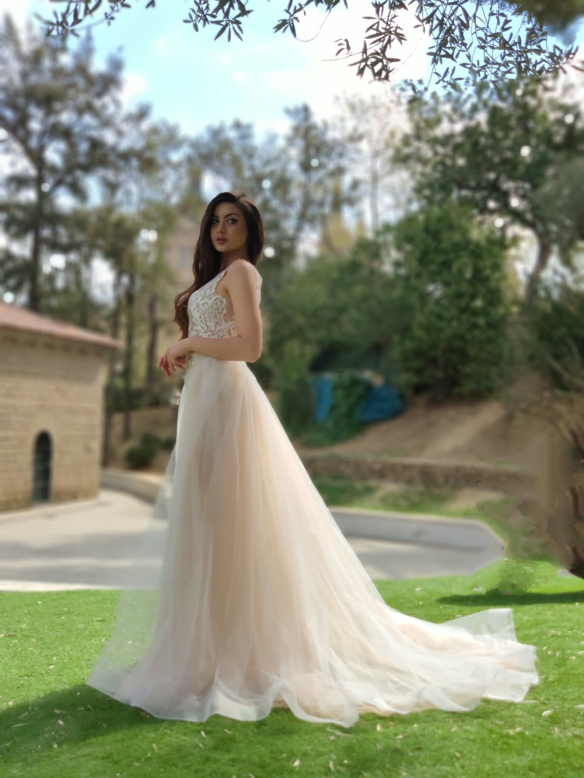Lace mermaid wedding dress over blush tulle, sheer back and tulle overskirt — Oksana Dorenska