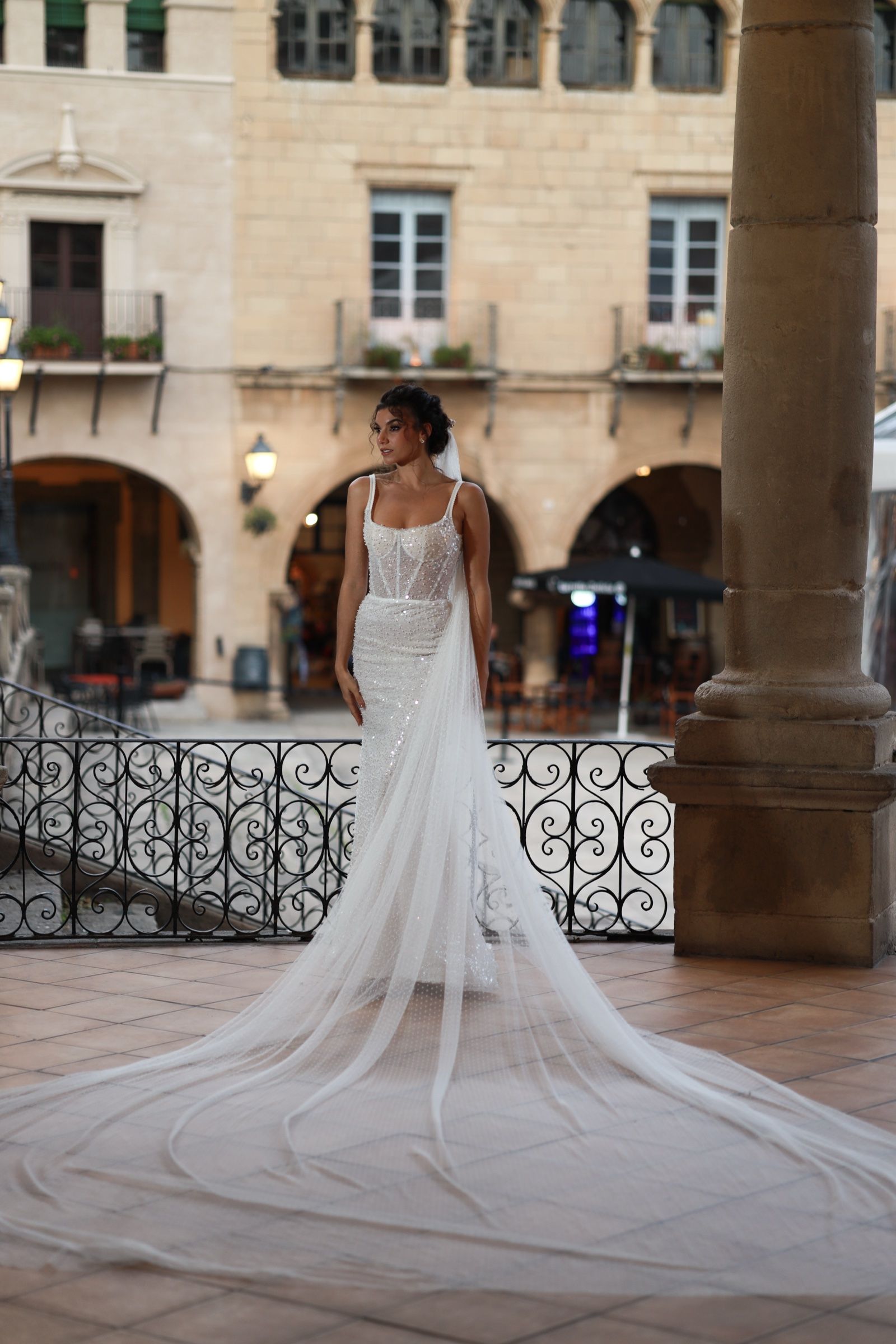 Straight wedding dress with long sheer cape — Oksana Dorenska