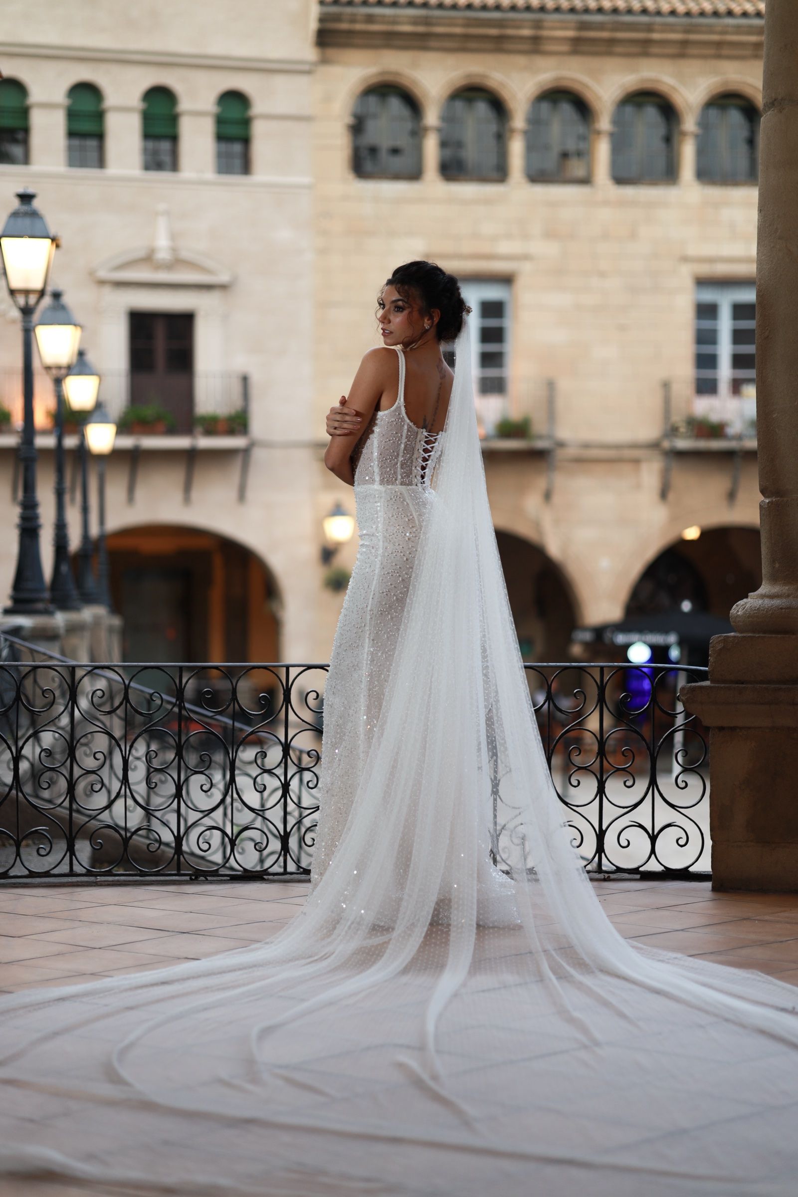 Straight wedding dress with long sheer cape — Oksana Dorenska