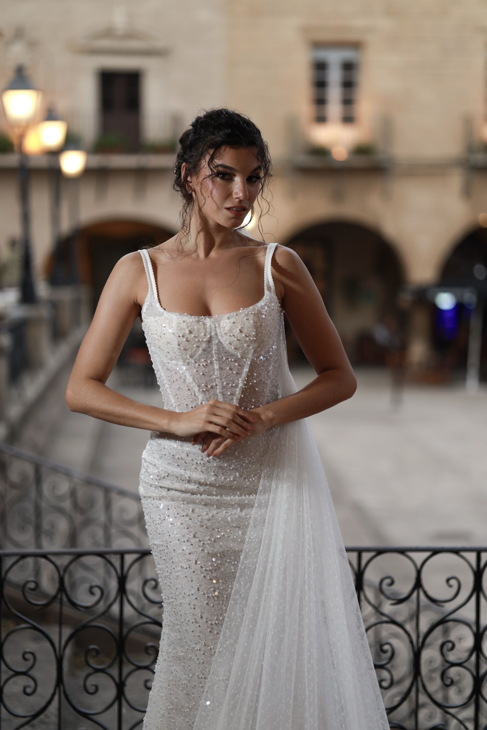 Straight wedding dress with long sheer cape — Oksana Dorenska