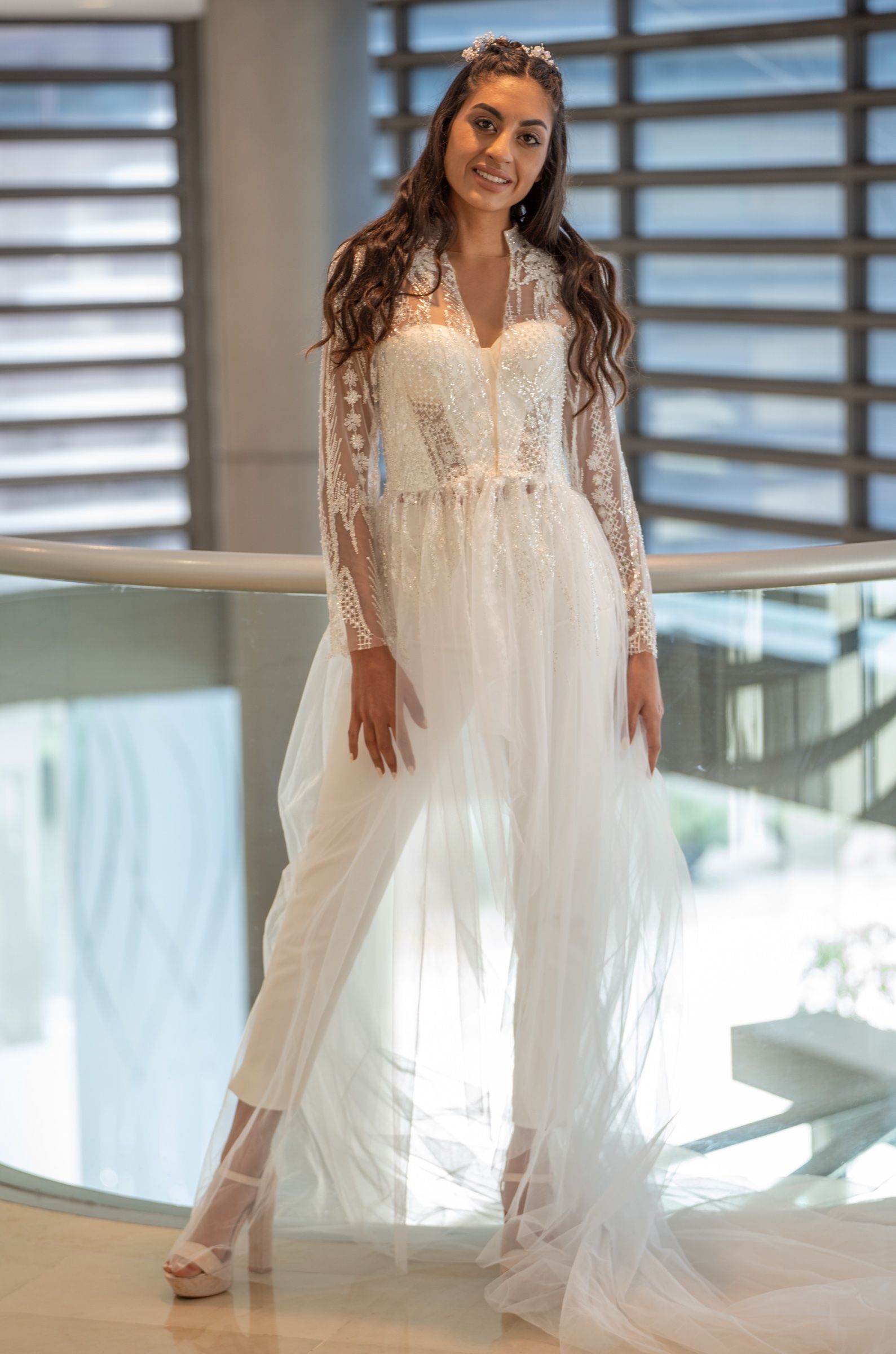 Beaded bridal jumpsuit with sheer tulle overskirt — Oksana Dorenska