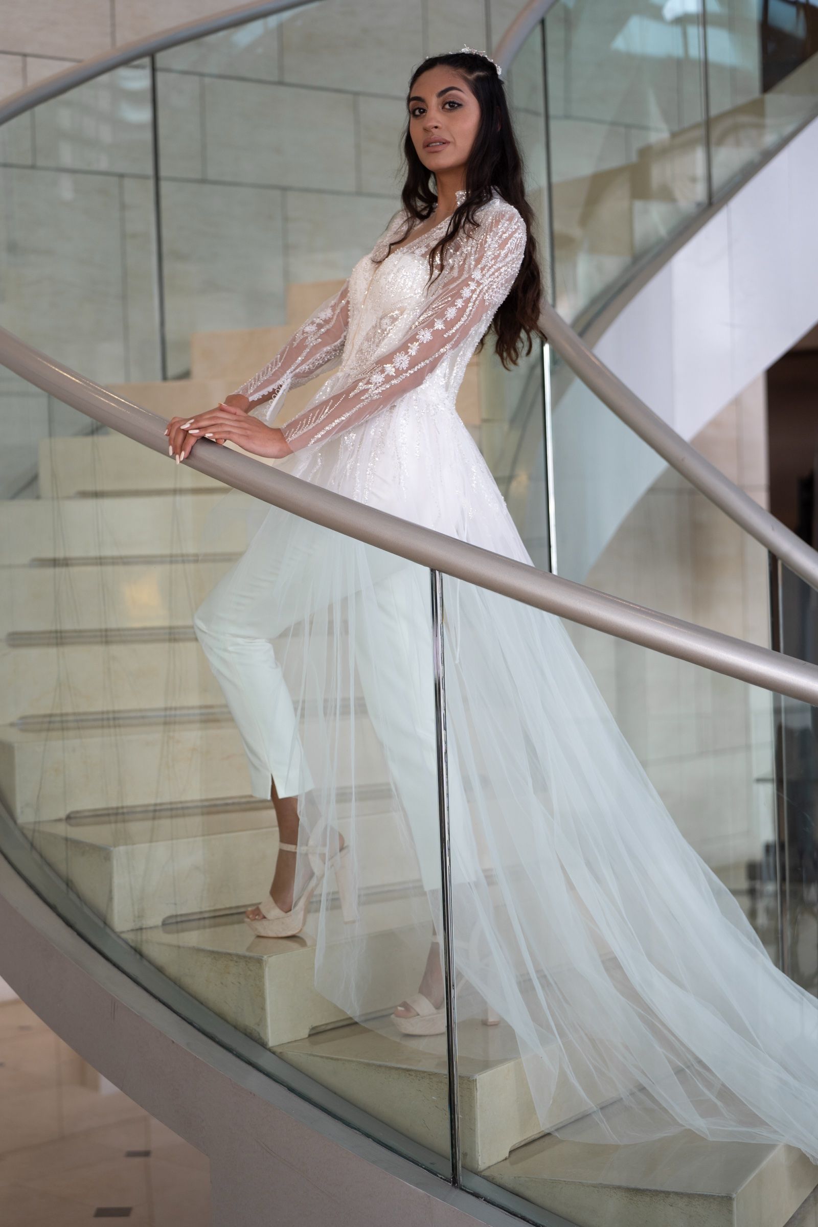 Beaded bridal jumpsuit with sheer tulle overskirt — Oksana Dorenska
