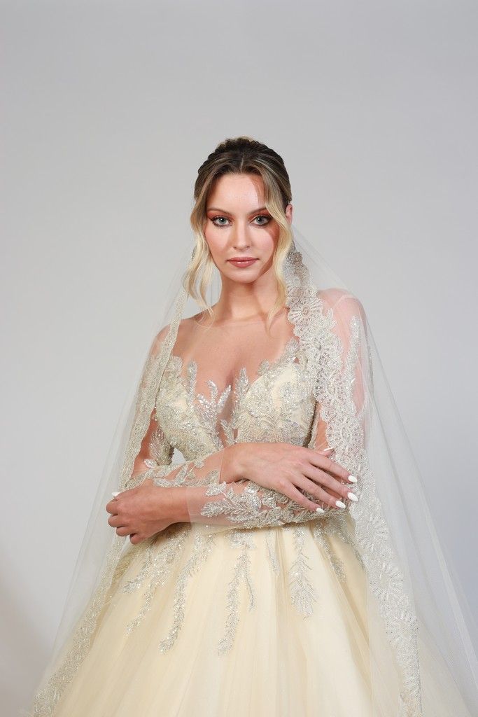 Princess wedding dress with beaded bodice and embroidered sheer cape sleeves — Oksana Dorenska