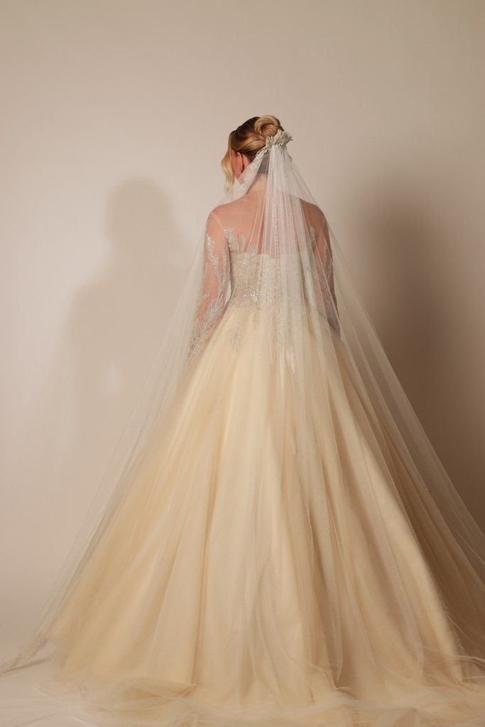 Princess wedding dress with beaded bodice and embroidered sheer cape sleeves — Oksana Dorenska