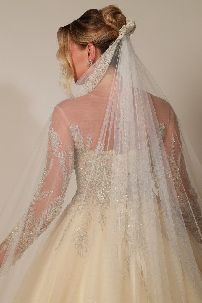 Princess wedding dress with beaded bodice and embroidered sheer cape sleeves — Oksana Dorenska