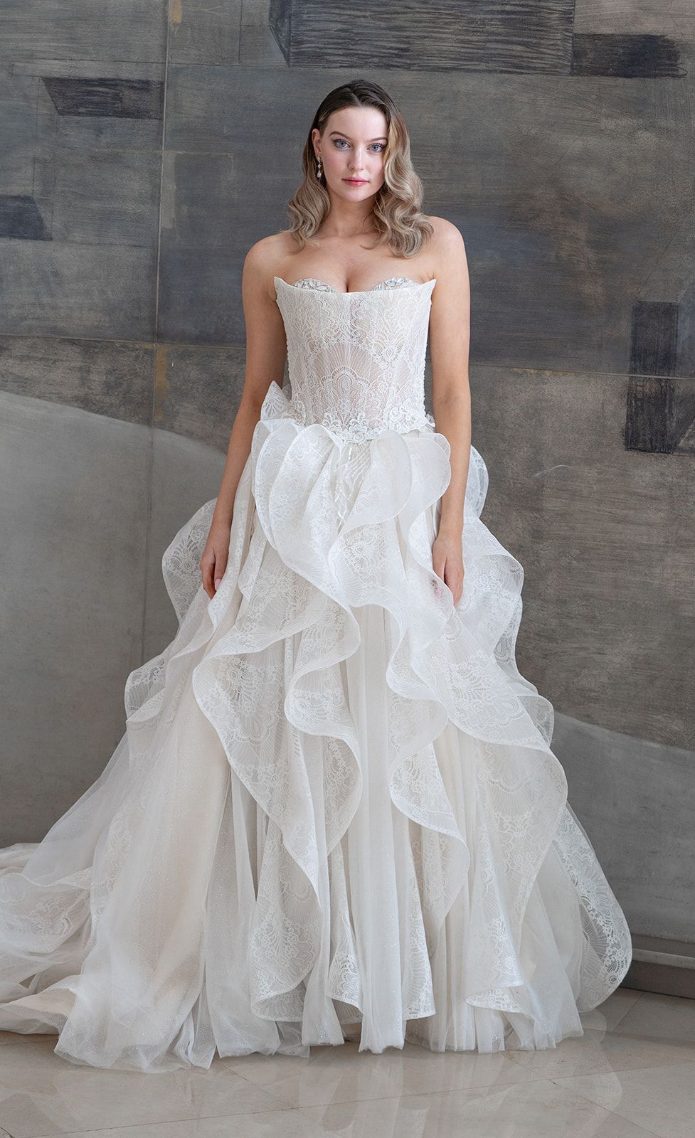 Strapless corset wedding dress with layered organza ruffle skirt — Oksana Dorenska