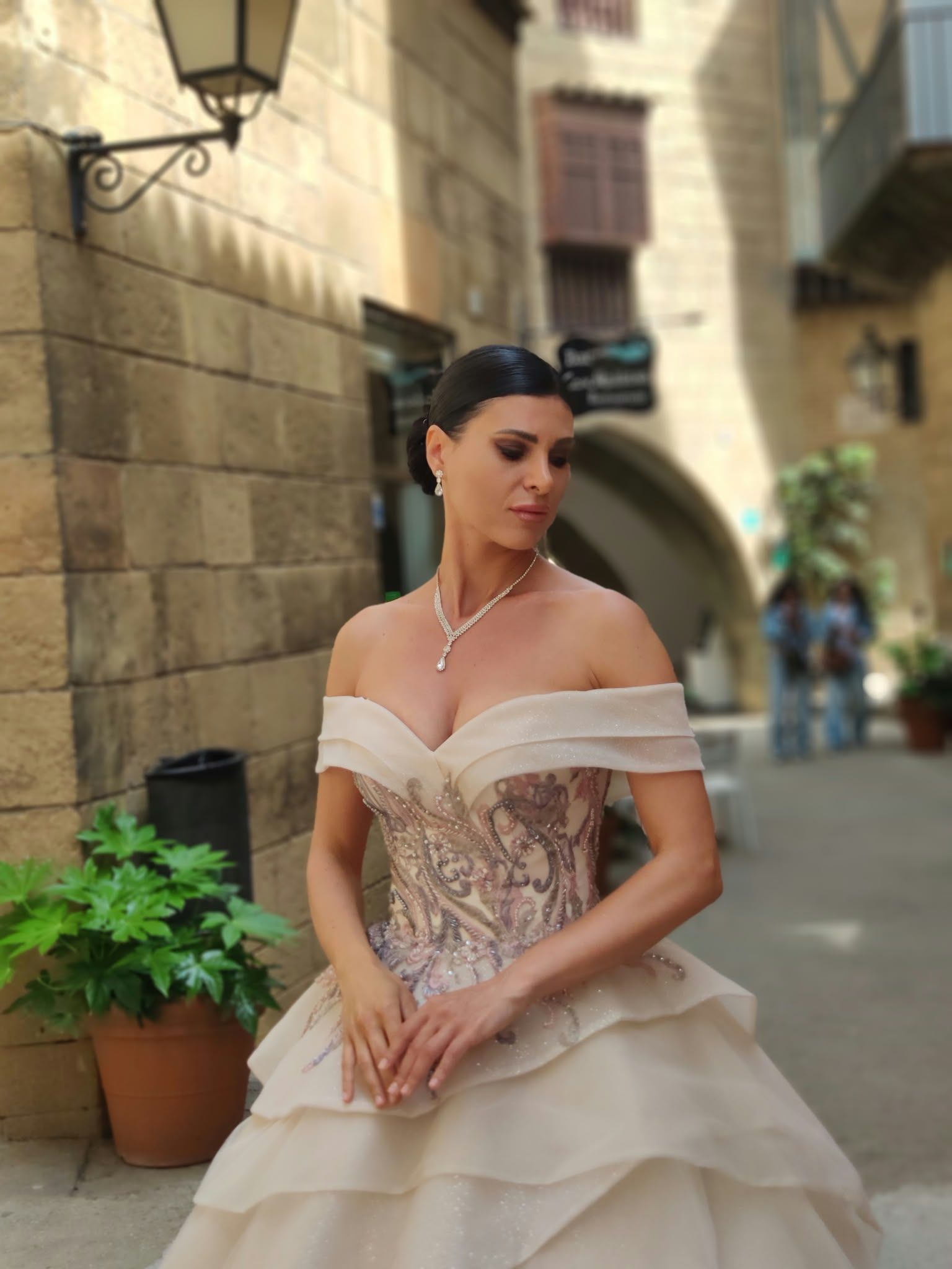 Off-shoulder wedding dress with lace corset and champagne ruffle skirt — Oksana Dorenska