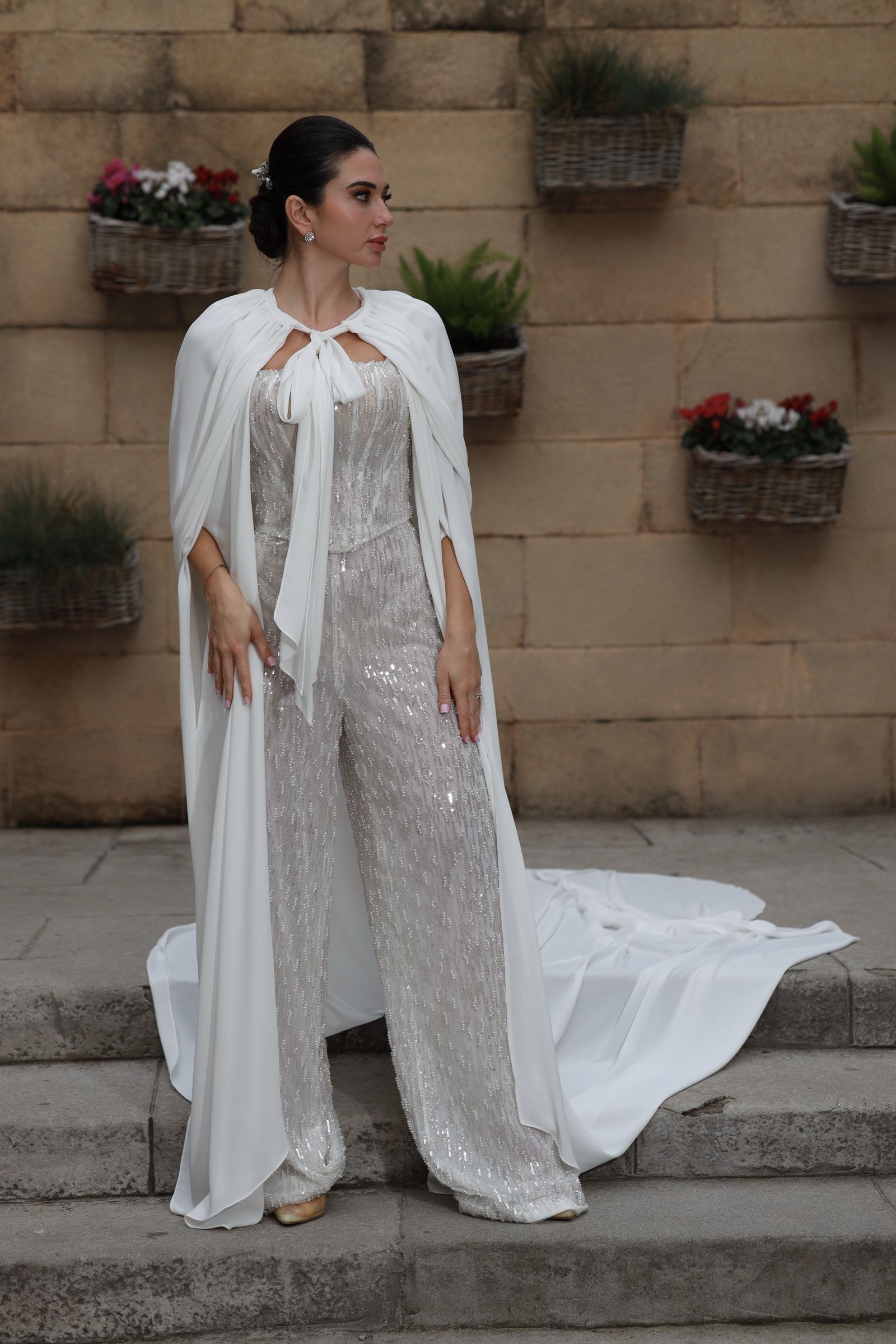 Beaded column wedding dress with long cape — Oksana Dorenska