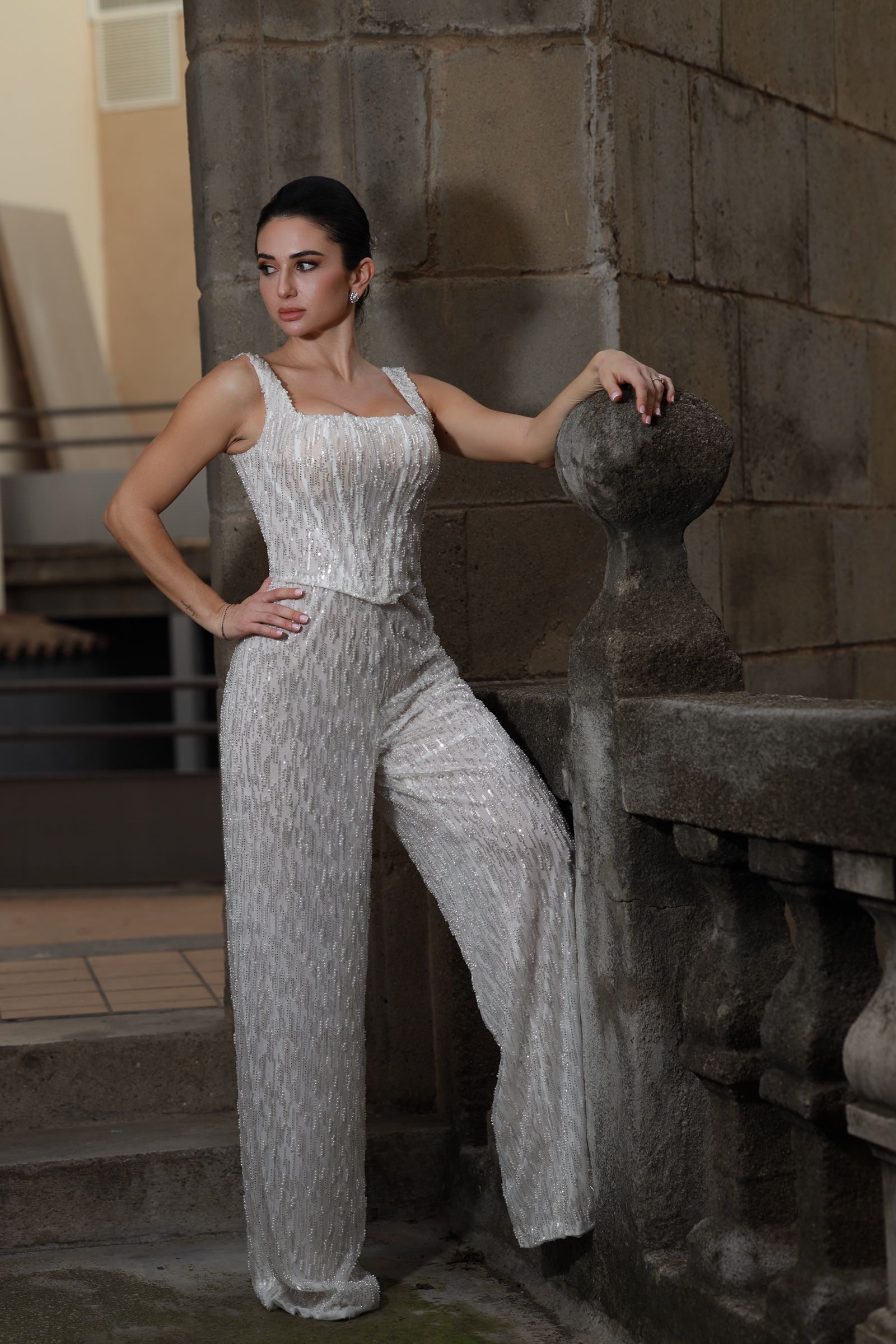 Beaded column wedding dress with long cape — Oksana Dorenska