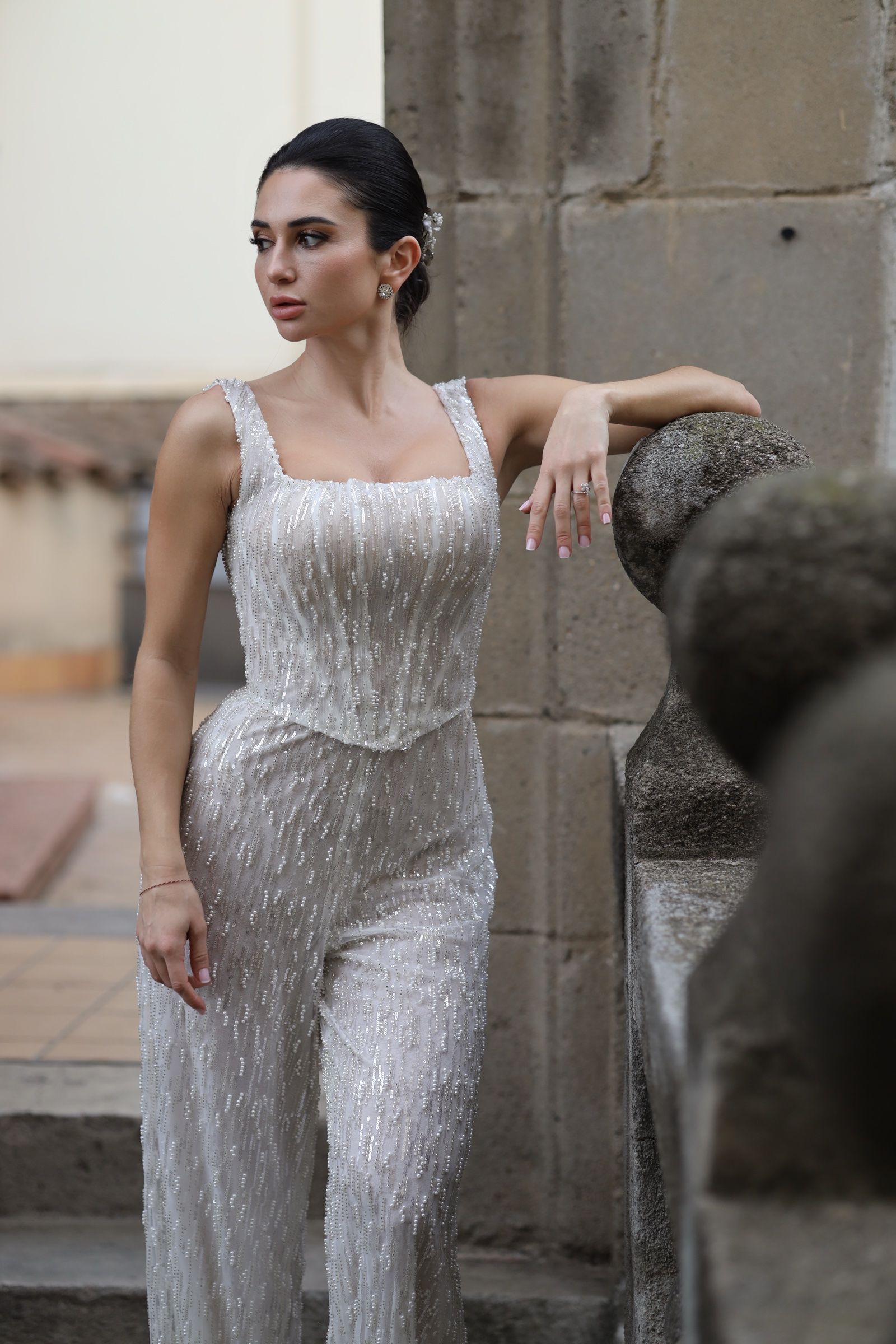 Beaded column wedding dress with long cape — Oksana Dorenska