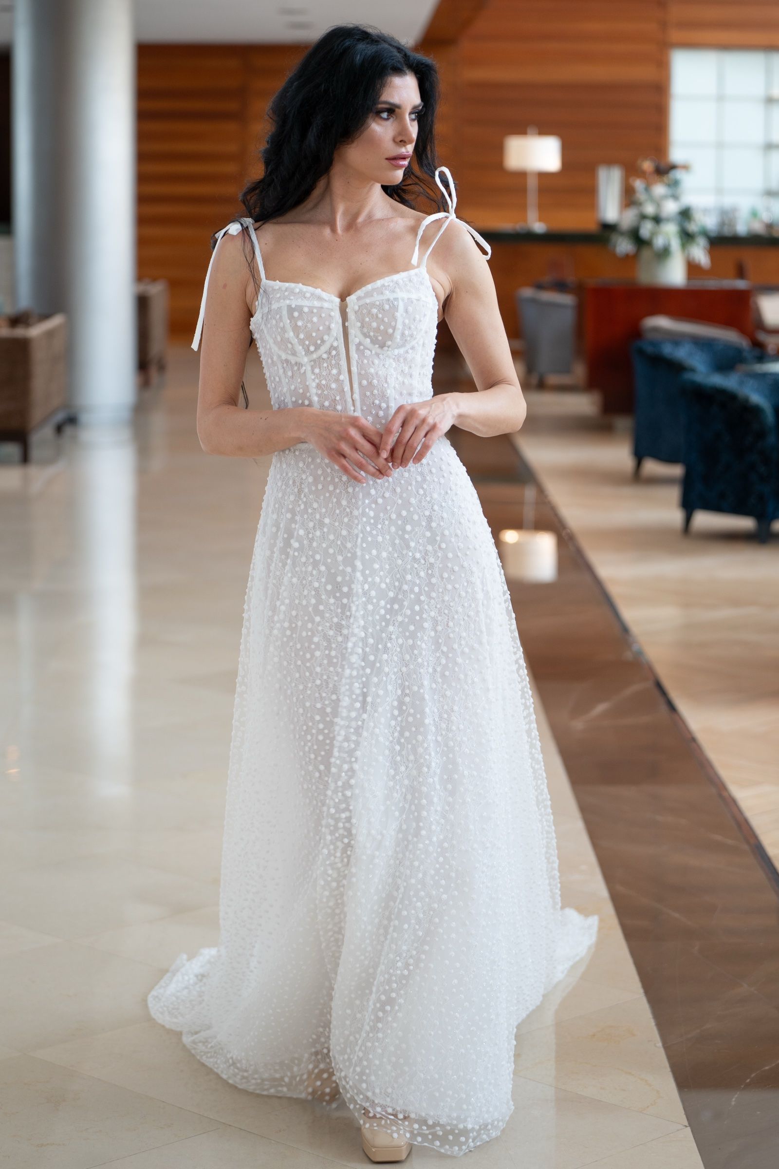 Sheath wedding dress with thin straps and beaded corset — Oksana Dorenska