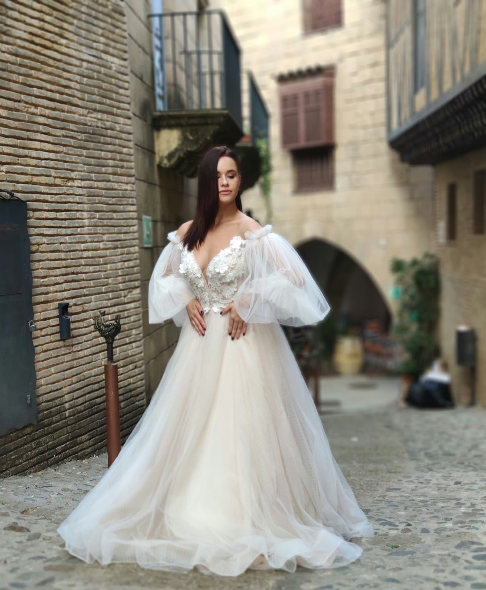 Off-shoulder A-line wedding dress with puff sleeves — Oksana Dorenska