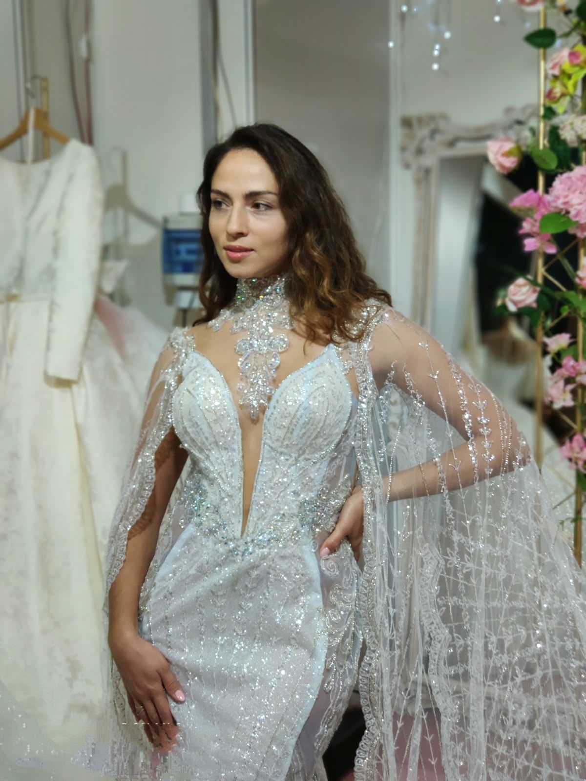 Beaded mermaid wedding dress with high neck, deep neckline and embroidered sheer cape — Oksana Dorenska
