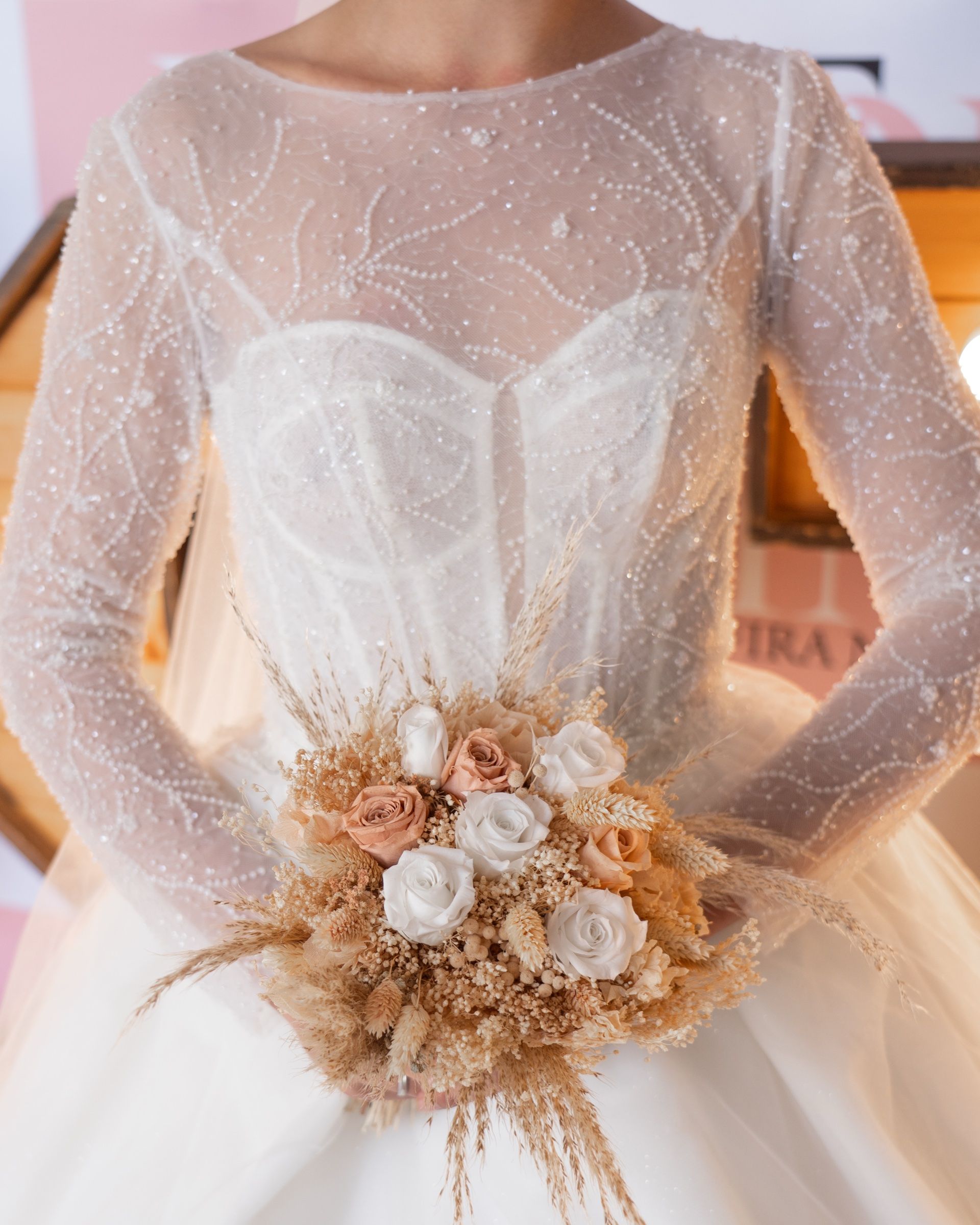 Princess wedding dress, embroidered illusion tulle long sleeves, sweetheart neckline, satin skirt — Oksana Dorenska